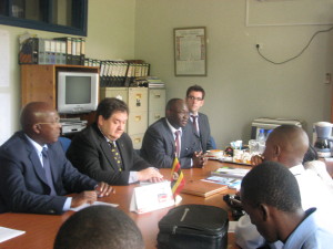Mr Shire, H.E. Dejak and Mr Sewanyana briefing the press